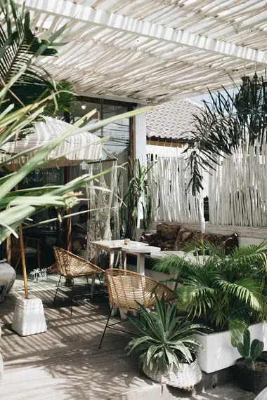 beyaz masa ile kahverengi rattan sandalye bitkilerin yanında